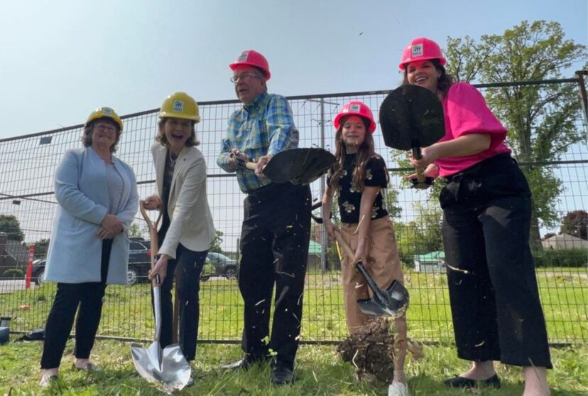 Habitat PKR CEO Susan Zambonin, Habitat Canada Board Member Kathleen Flynn, City of Peterborough Mayor Jeff Leal, 2023 Meaning of Home Runner-Up Winner Ellyot Wood, MP Michelle Ferreri breaking ground on the Phase 2 Build Site where 12 affordable homes will be built (Photo by David Tuan Bui)