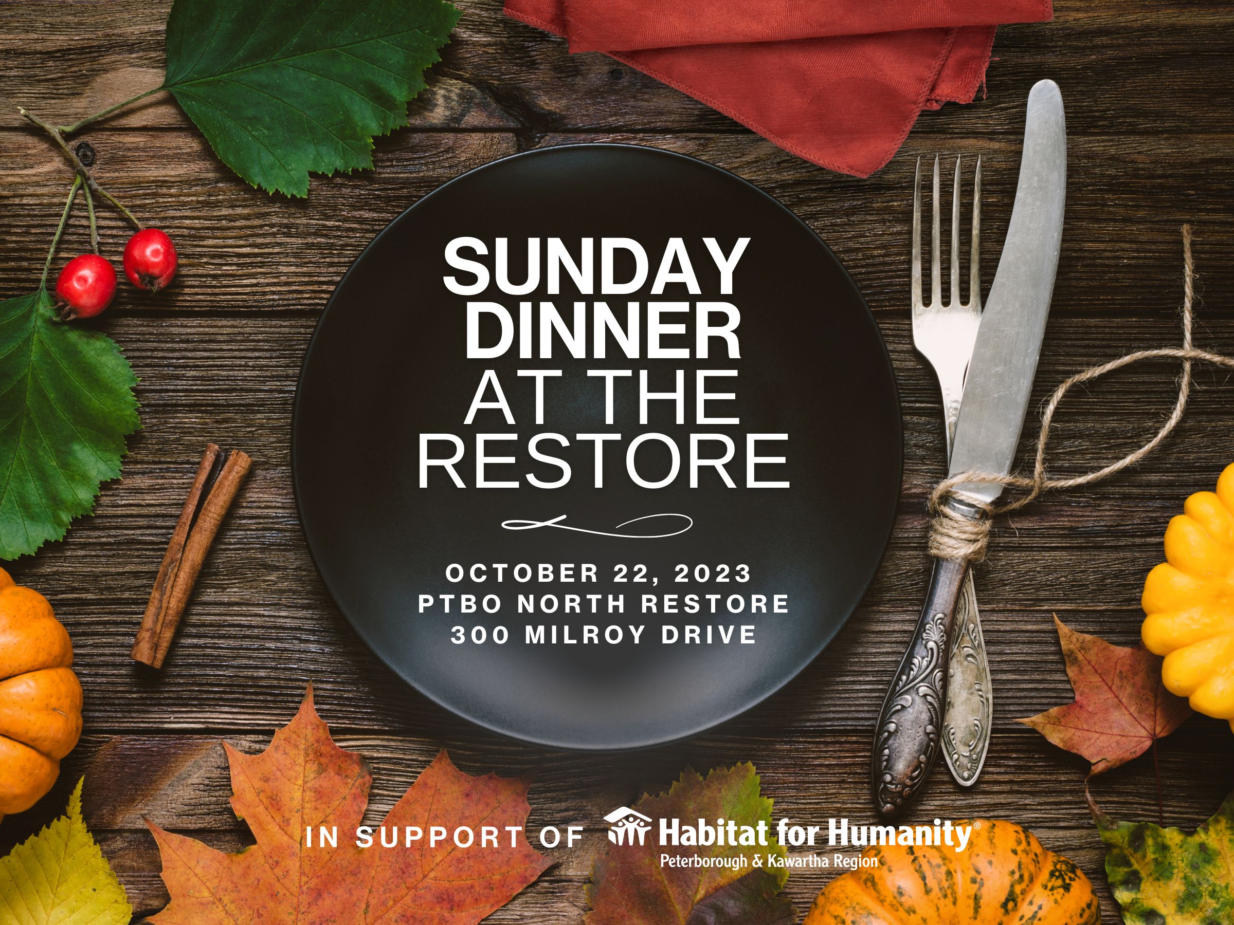 Sunday Dinner at the ReStore poster displaying a black plate on a wood table surrounded by fall leaves and pumpkins.